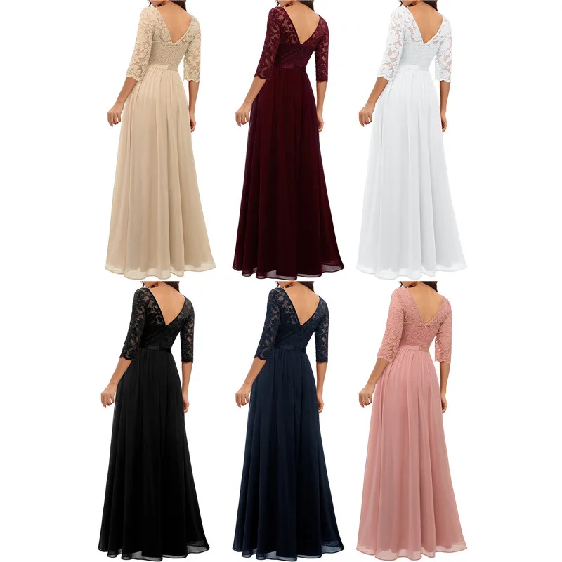 Women Elegant Maxi Long Evening Dress Solid Color Lace Patchwork Backless V Neck High Waist Dress Wedding Party Bridesmaid