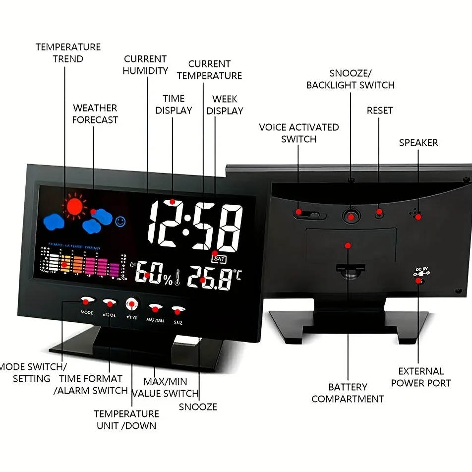 Weather Station Digital Temperature Humidity Meter Clock Thermometer Hygrometer