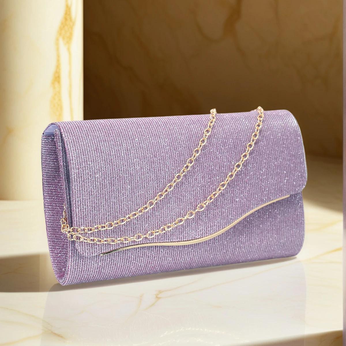 Black Glitter Evening Clutch Bag with Shoulder Chain for Women