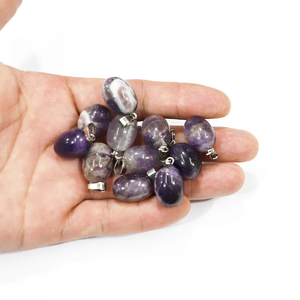 Natural Stone Amethysts Oval Ball Pendants Necklace Egg Crystal Charms Handmade DIY Jewelry Making Accessories Wholesale 24Pcs