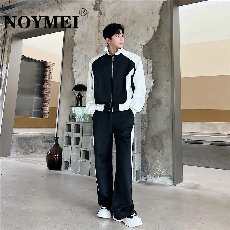 

NOYMEI Men's Two Pieces Set Casual Contrast Color Korean Style Fashionable Zipper Lapel Coat Straight Pants Male Suits WA2862