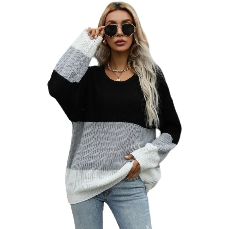 

Woman Sweaters Knitted Pullover Women Spring Autumn Sweater O-Neck Long Sleeve Patchwork Pullover AA4555