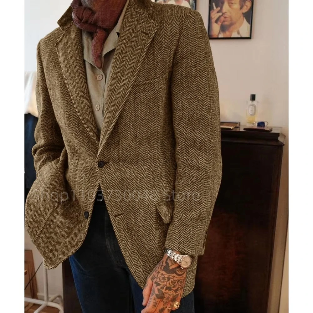 Men's Herringbone Blazer Single Breasted Casual Elegant Suit Jacket Coat Stage Clothing Male Fashion Woolen Men Suits Blazer