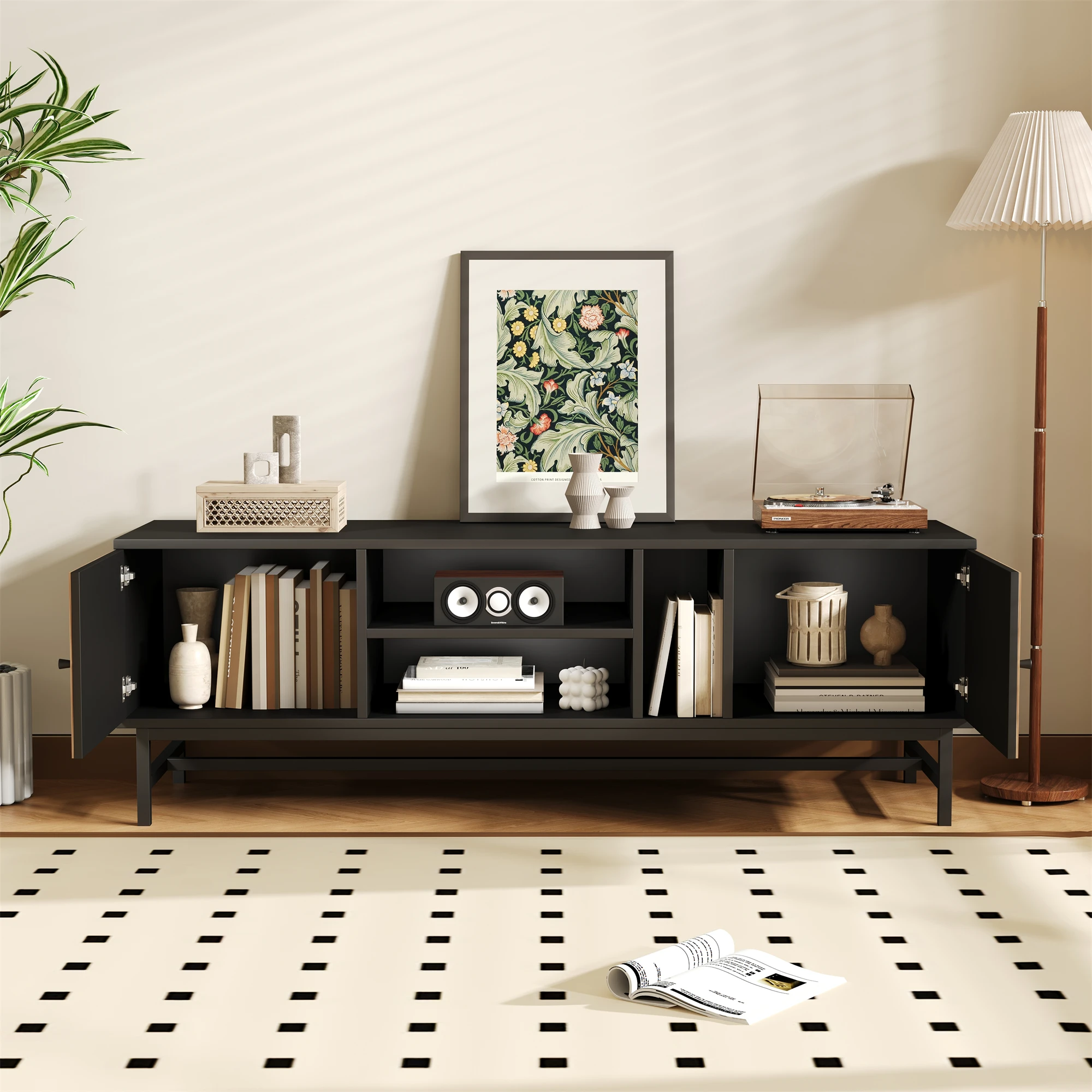 PINGGO TV-Schrank, schwarzes Holz, kontrastierend, vielseitige Aufbewahrung, modern, minimalistisch – Detail 4