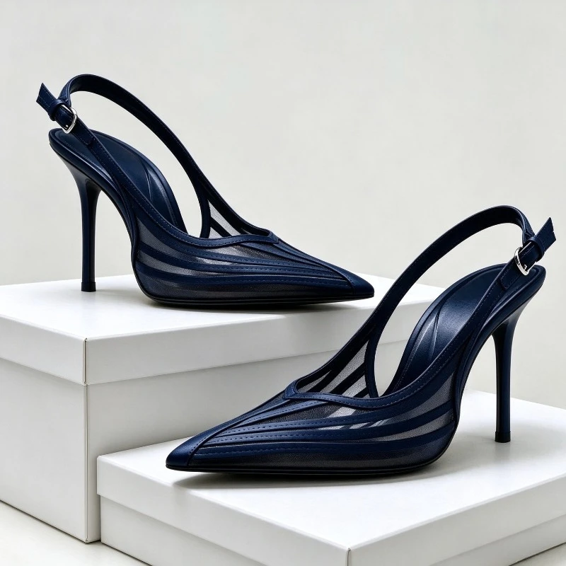 Mesh Designer Pointed Toe Slingback Sandals Women Summer 2026 Party Dress Mules Shoes Adjustable Buckle Sexy Pumps Women Heels