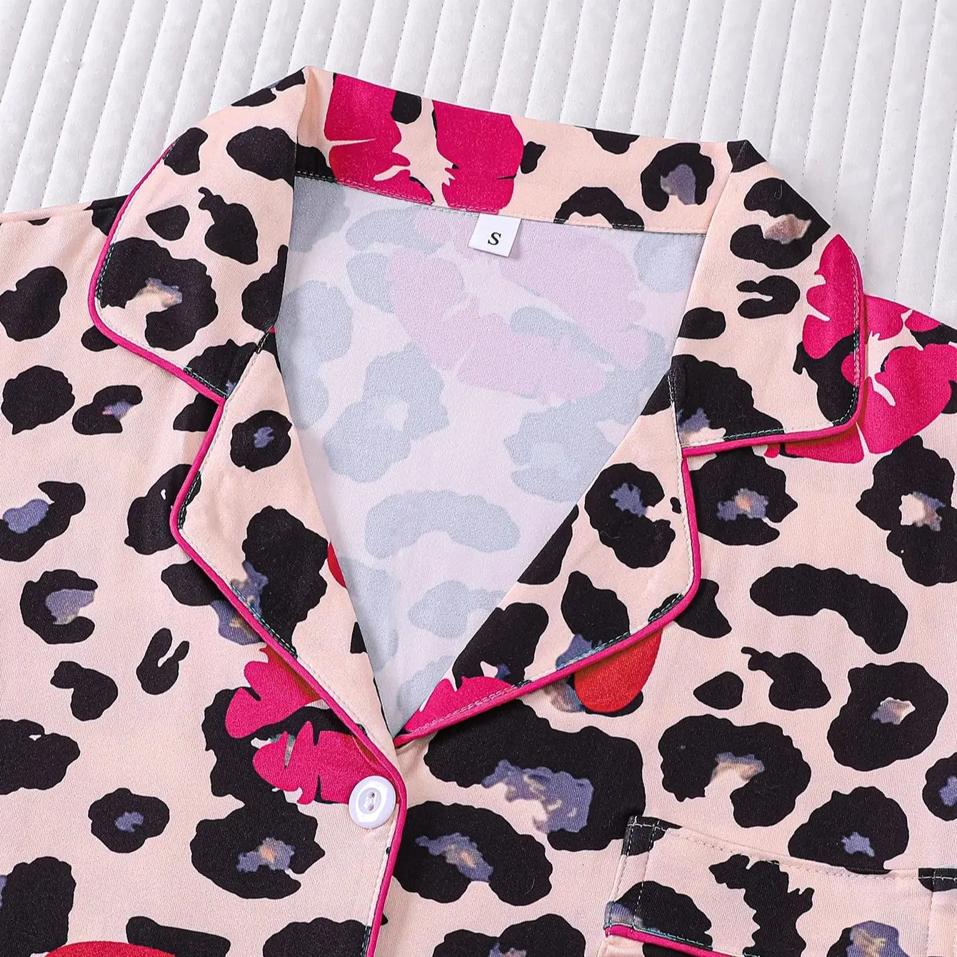 Leopard Print Red Lip Pajama Set - Short-Sleeved Cardigan with Breathable Shorts for Indoor & Outdoor Comfort