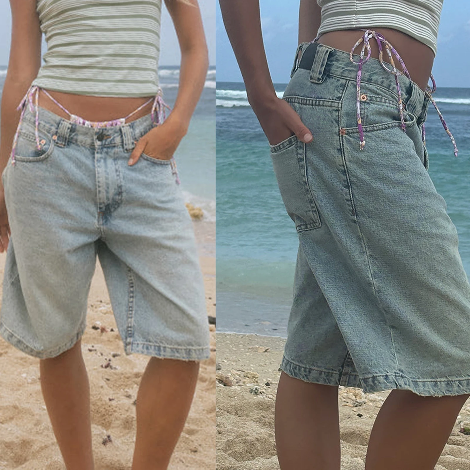 New Fashion Womens Knee Length Denim Shorts Loose Solid Color Low Rise Wide Leg Long Shorts With Pockets For Summer S-2XL