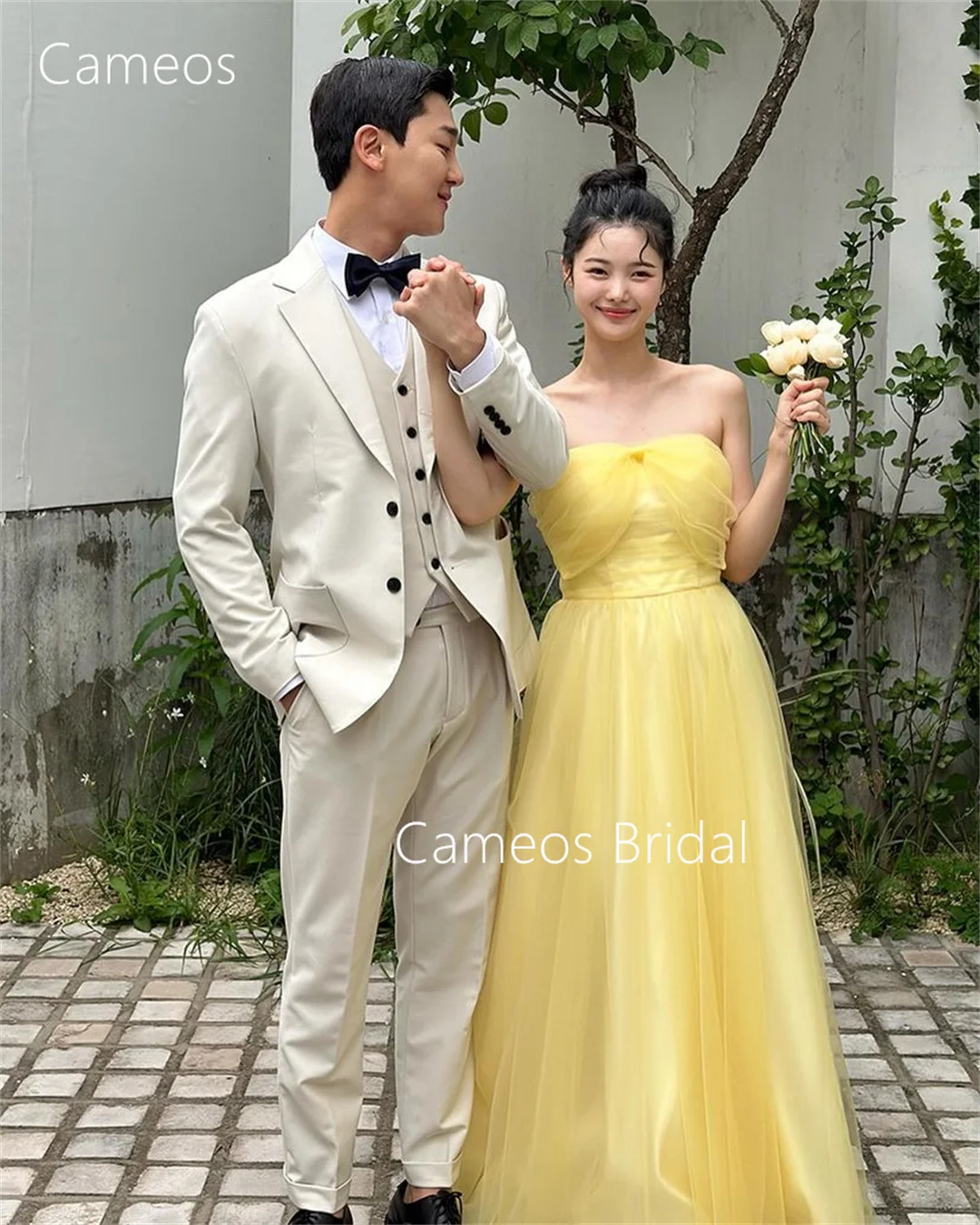

SONDR Korea Strapless Simple Evening Dress Custom Made Formal Prom Dress Tulle Yellow A-Line 웨딩드레스 Occasion Party Evening Gown