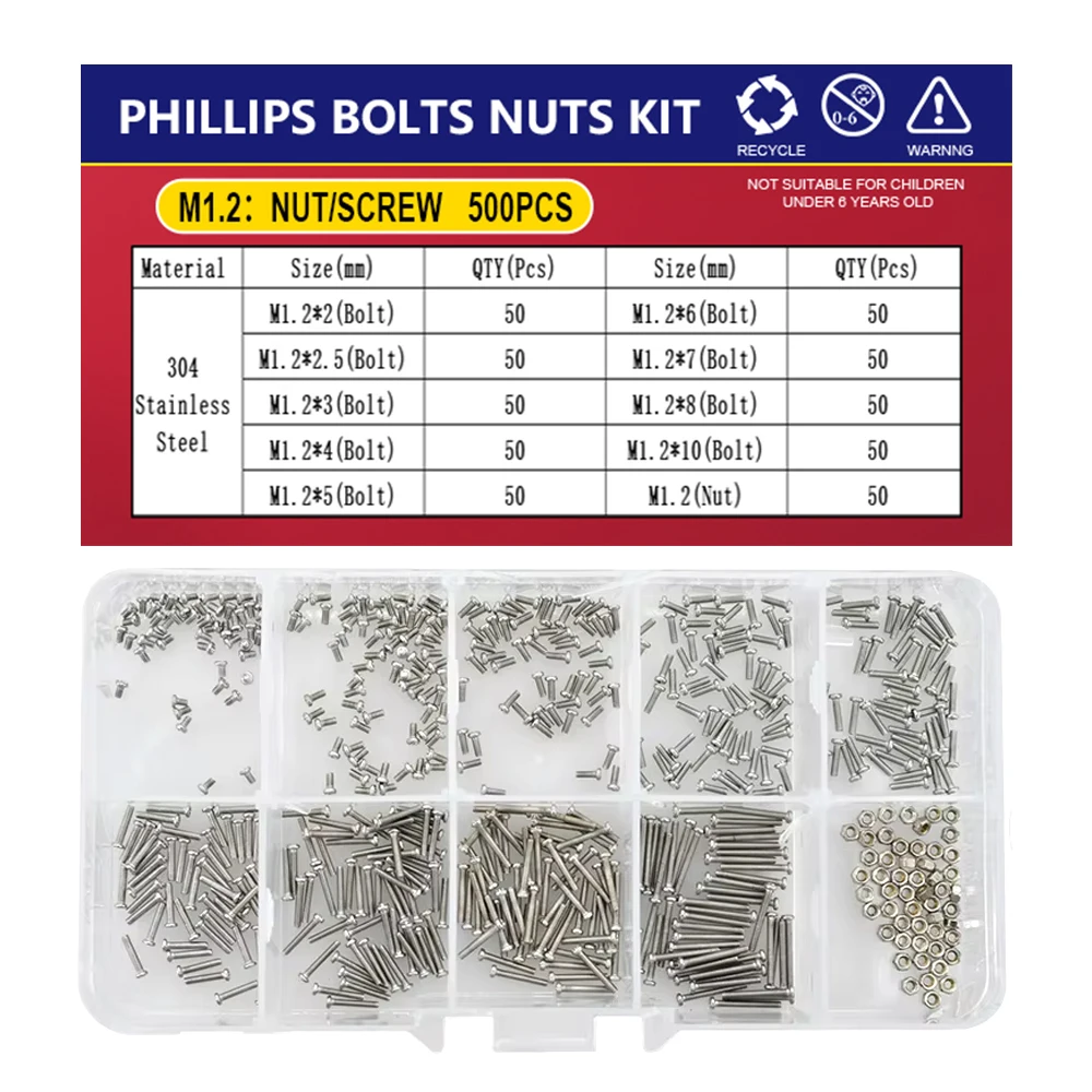 Stainless Steel Screws Screw Bolt Nut Set Screw Washer Nut Kit Small Screws Stainless Steel Glasses Watch Screw Nuts Set Phillips Cross Round Head Motherboard PCB Bolts Kit M1 M1.2 M1.4 M1.6