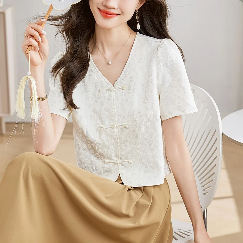 Women Chic Button Vintage Embroidery Shirts Summer New V-neck Fashion Chinese Style Blouses Office Lady Elegant Commute Tops