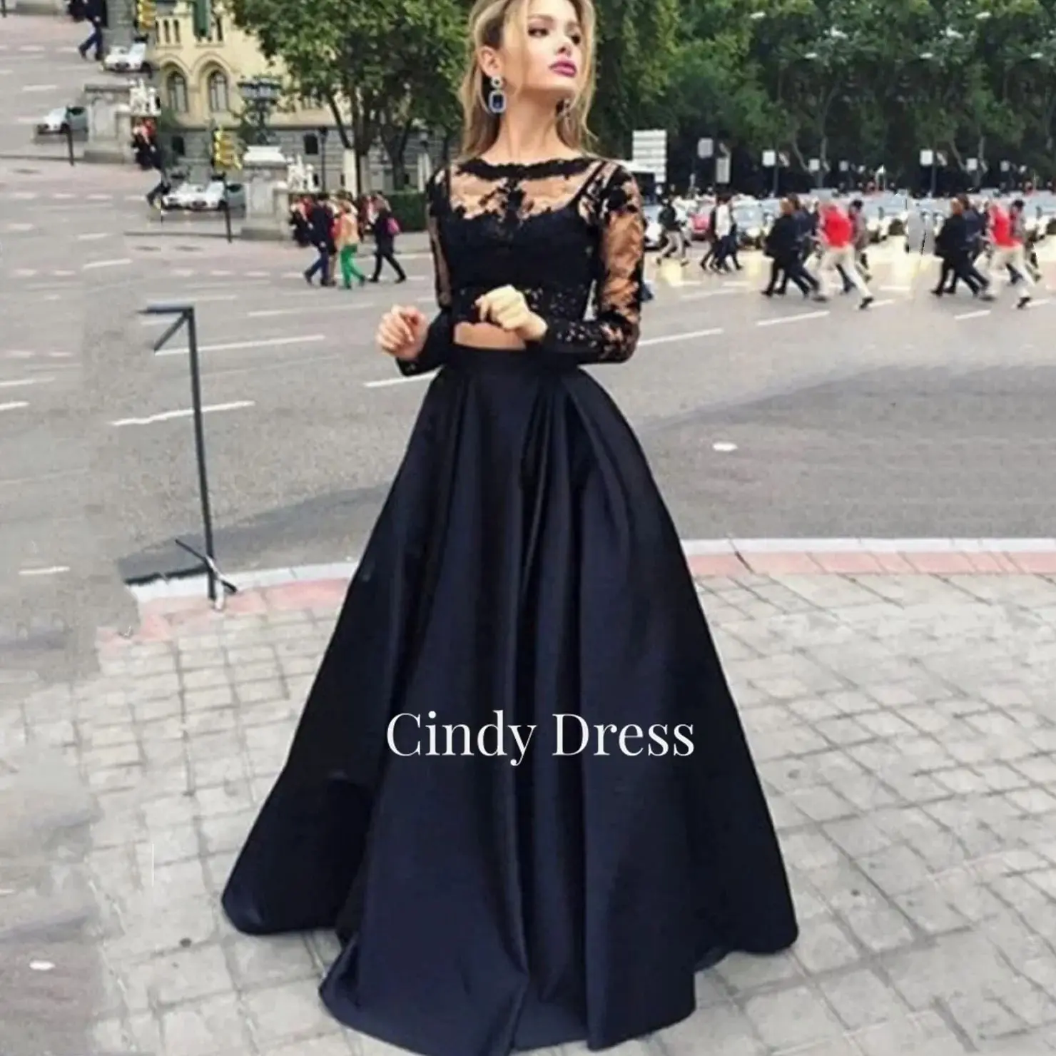 

Cindy Satin Lace A-line Long Sleeves Evening Gown Dubai Luxury Dress Dresses Ladies Cocktail Graduation 2023 Women Gala Prom