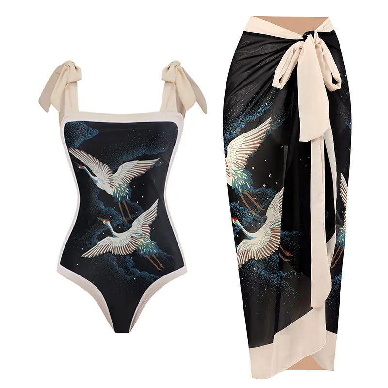 2023-New-Tie-Shoulder-One-Piece-Swimsuit-with-Skirt-Women-Swimwear ...