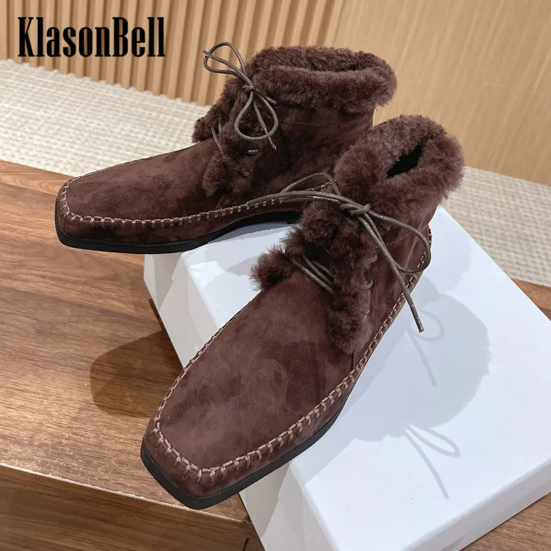 

10.14 KlasonBell 2023 Autumn Winter New Cow Suede Plush Wool Keep Warm Shoes Square Toe Lace-up Short Comfortable Boots Women