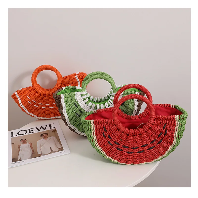 

Women Cute Fruit Pattern Handwoven Straw Bag Summer Handmade Watermelon Vacation Bohemia Beach Bag Female Drawstring Handbag