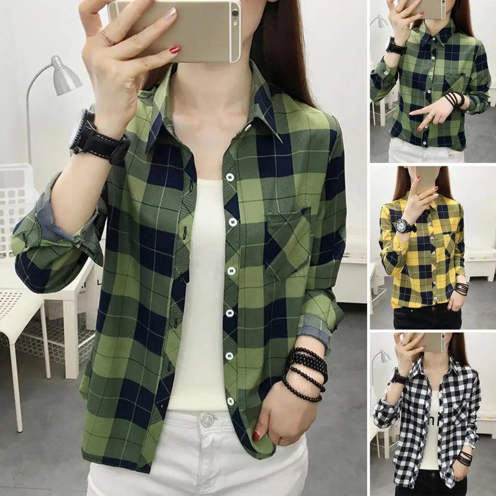 

Women Shirt Long Sleeve Casual Single-breasted Dressing Up Polyester Plaid Print Women Shirt Top Female Clothing 체크 프린트 블라우스