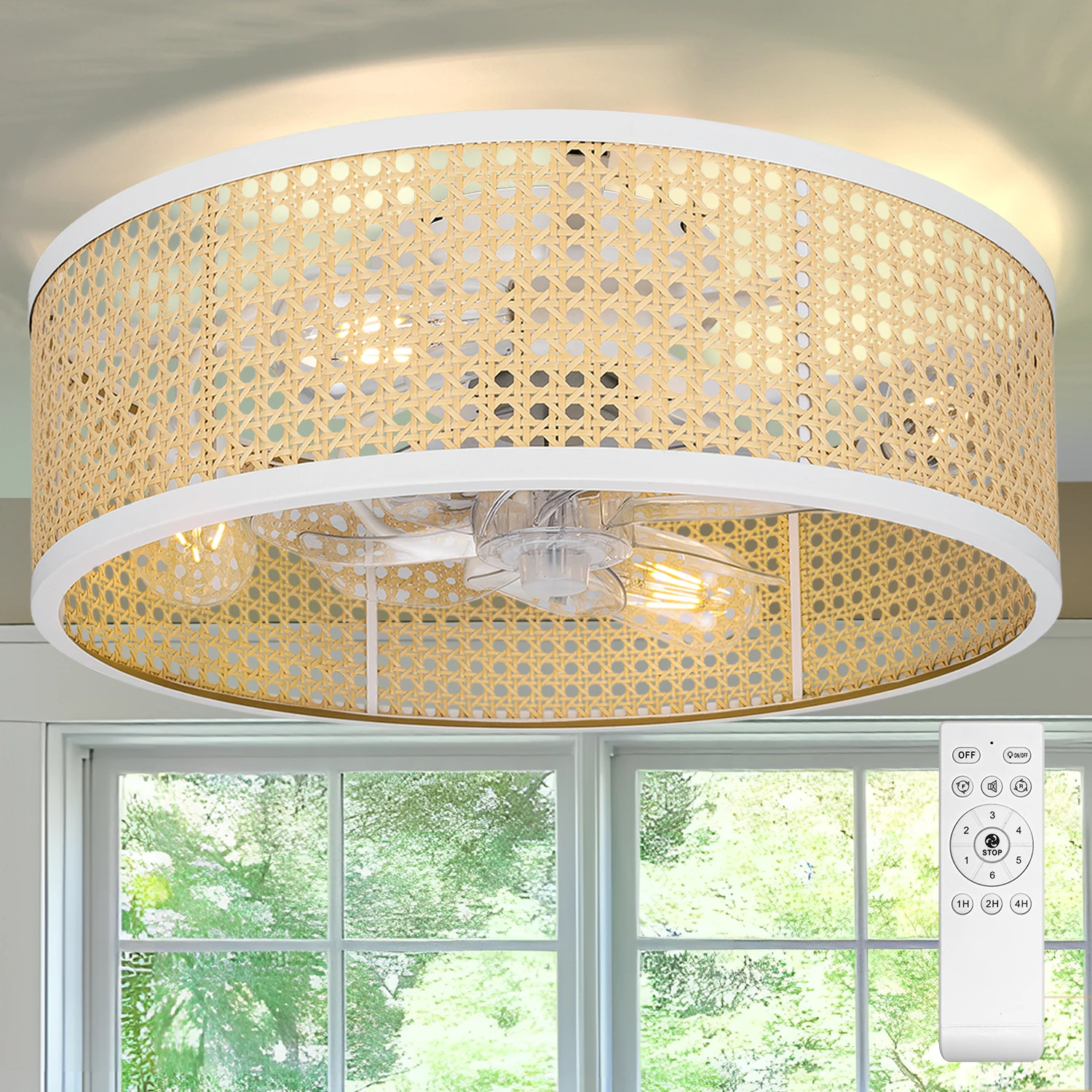 20" Rattan Ceiling Fan with Light & Remote Control, Drum Shade, Bladeless/6 Speed/Timer/Quiet DC Motor/Low Profile, for Bedroom