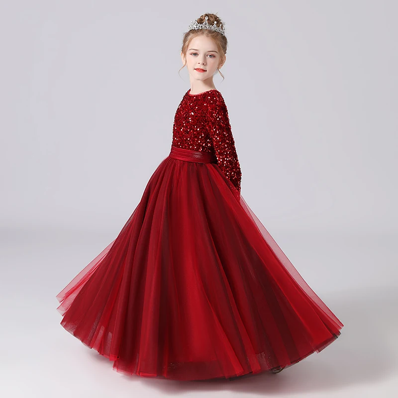 Dideyttawl Glitter Sequins Long Sleeves Flower Girls Dresses For Wedding Tulle Birthday Party Christmas Dress For Girl