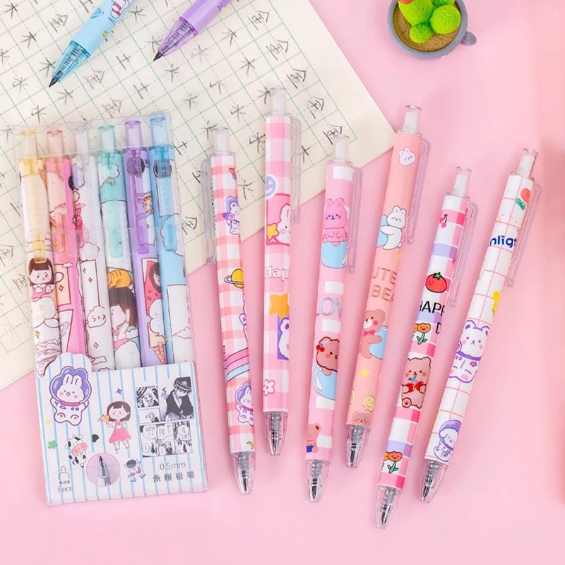 

6Pcs/Box Cartoon Automatic Pencil Kawaii Pens For Writing Drawing Mechanical Pencil Cute Korean Stationery School Supplies