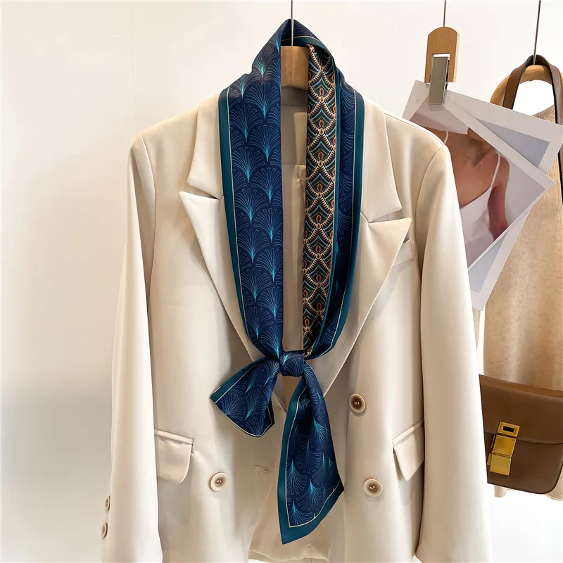 Two Sides 14X147cm Luxury Silk Scarf Women Neckerchief Hair Band Ribbon Headband Foulard Floral Bag Neck Ties Narrow Thin Strip 6