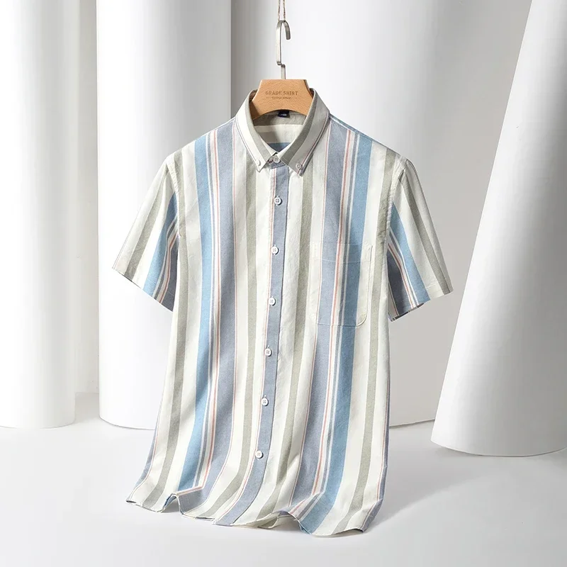 2024 100% Cotton Oxford Plaid Business  Men's Striped Fashion Short SleeveButton Down Regular Fit Office Shirt Man Clothing 5