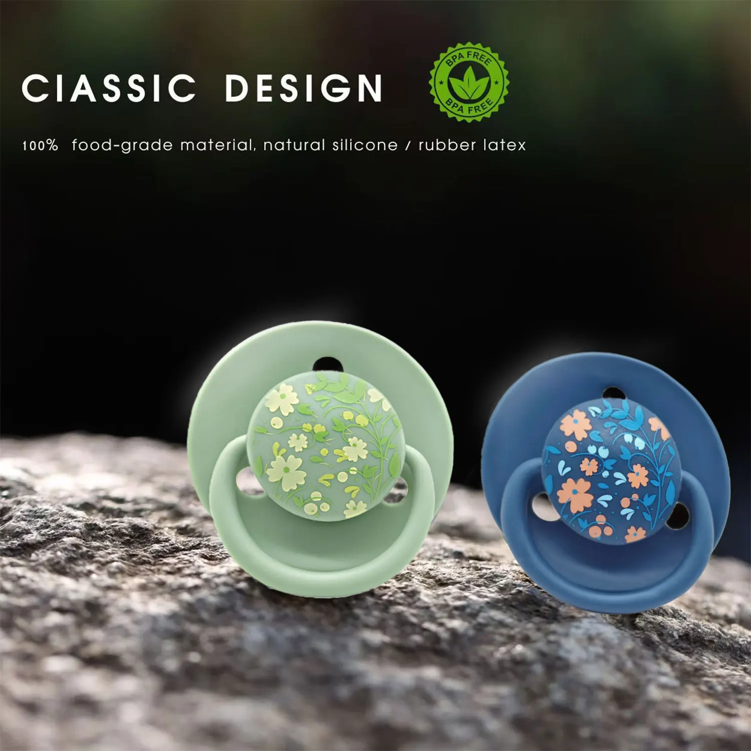 0-36 months baby food grade silicone pacifier + pacifier chain, macaron color and textured flower print