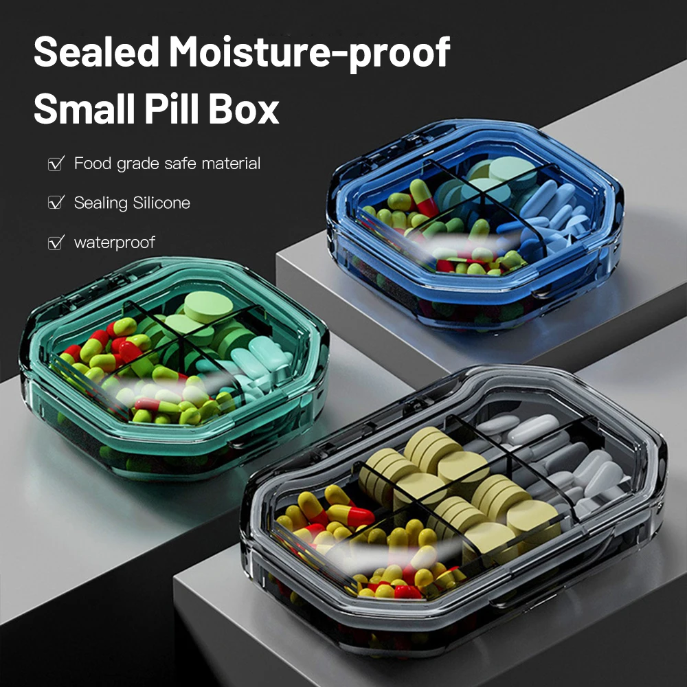 Portable Mini Medicine Storage Box, 4 Grids Square Sealed Medicine Box  Travel Pill Organizer,Small Pill Box,Portable Medicine Vitamin Holder  Container Moisture Proof,for Travel,for Home