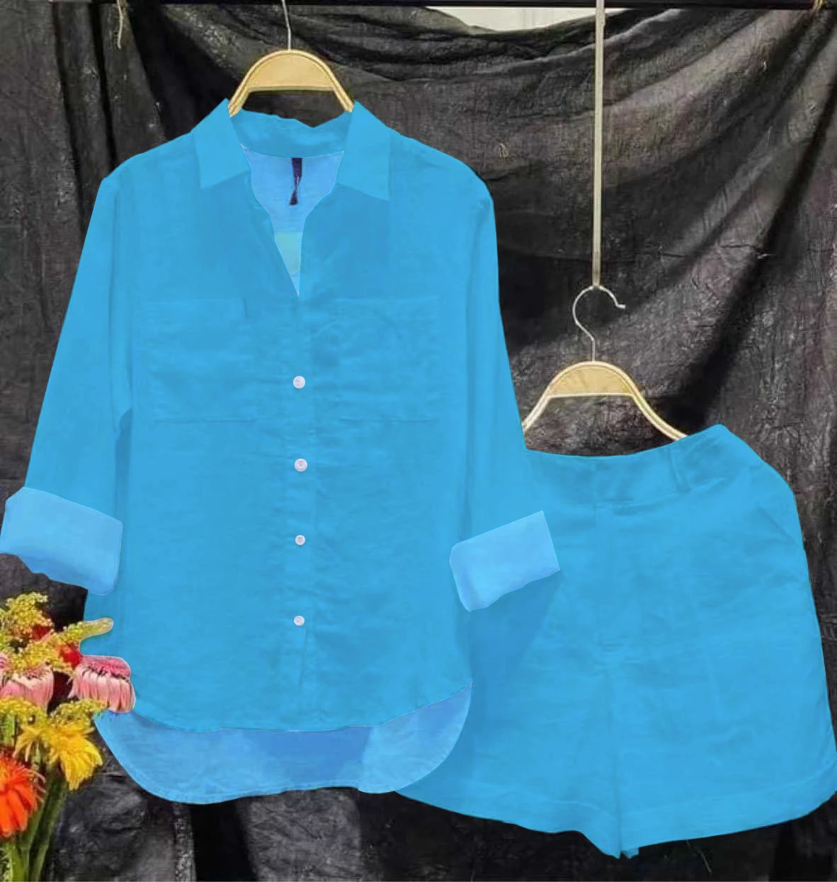 Fashion White Long Sleeve Women Shirts And Shorts Two Piece Sets 2024 Summer Pocket Casual Home 2 Piece Set For Women