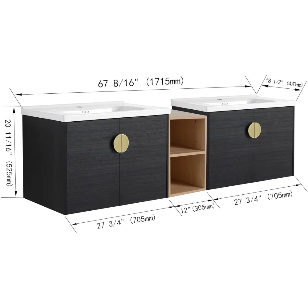 Double Sink Vanity Modern Wall Mounted Bathroom Vanity with Double Ceramic Sink Large Floating Bathroom Vanities Set 4