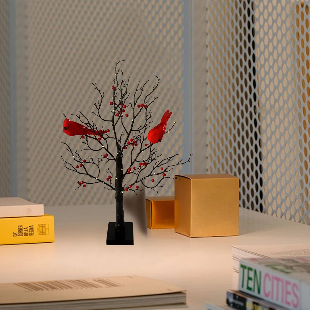 Mini Tree Light Lighted Tree with Red Bird & Berries Tree Table Decoration Light Battery Operated LED Fairy Light for Home Decor