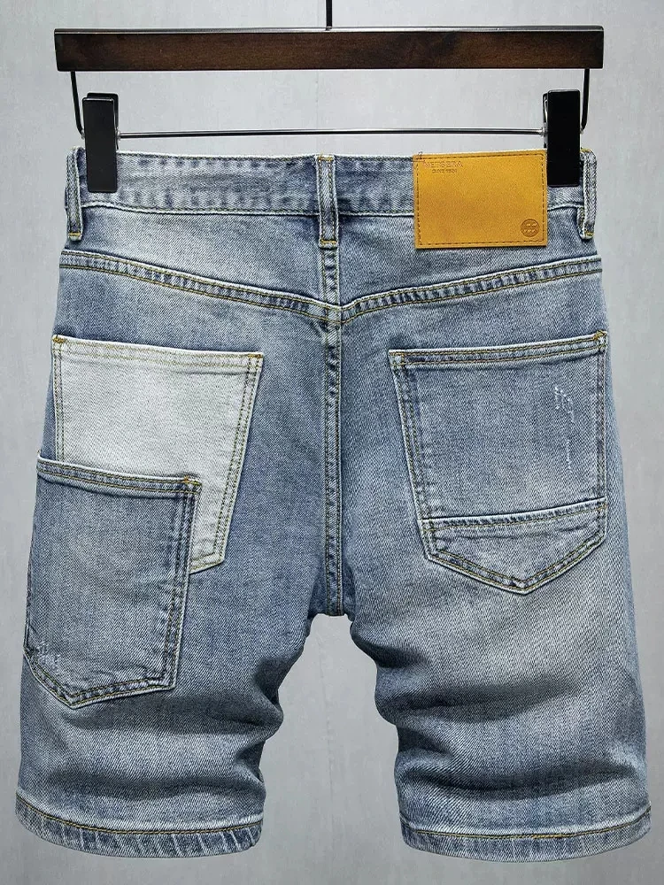 Summer Fashion Designer Men Jeans Retro Blue Elastic Stretch Patched Ripped Short Jeans Multi Pockets Hip Hop Denim Shorts Men