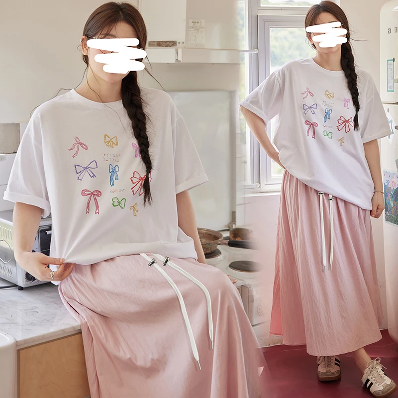 Korean Style Maternity Summer Clothes Set Fashion Print Cotton T-shirt Long Loose Flared Skirt Twinset Pregnant Woman Skirt Sets