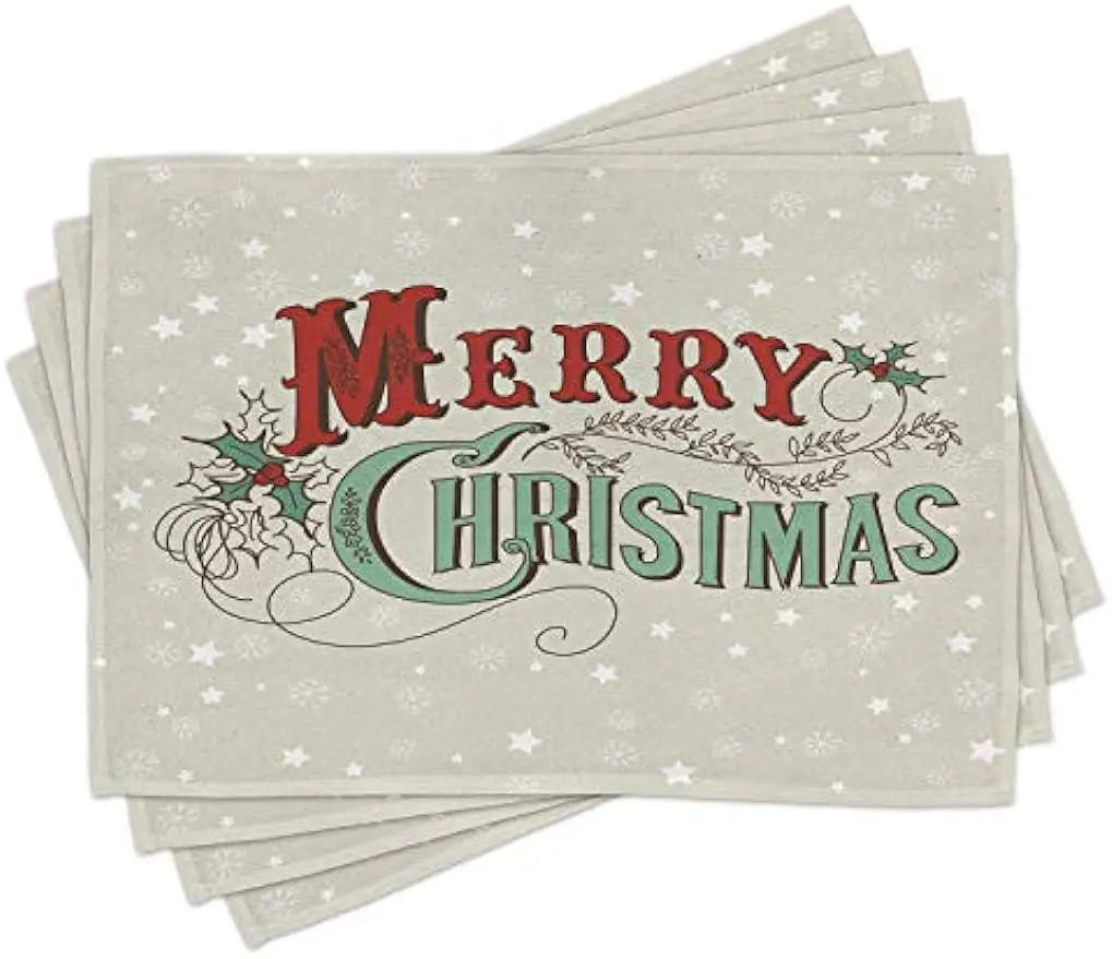 

Christmas Place Mats Set of 4 Stars and Snowflakes Backdrop Retro Lettering Washable Fabric Placemats for Dining Table Standard