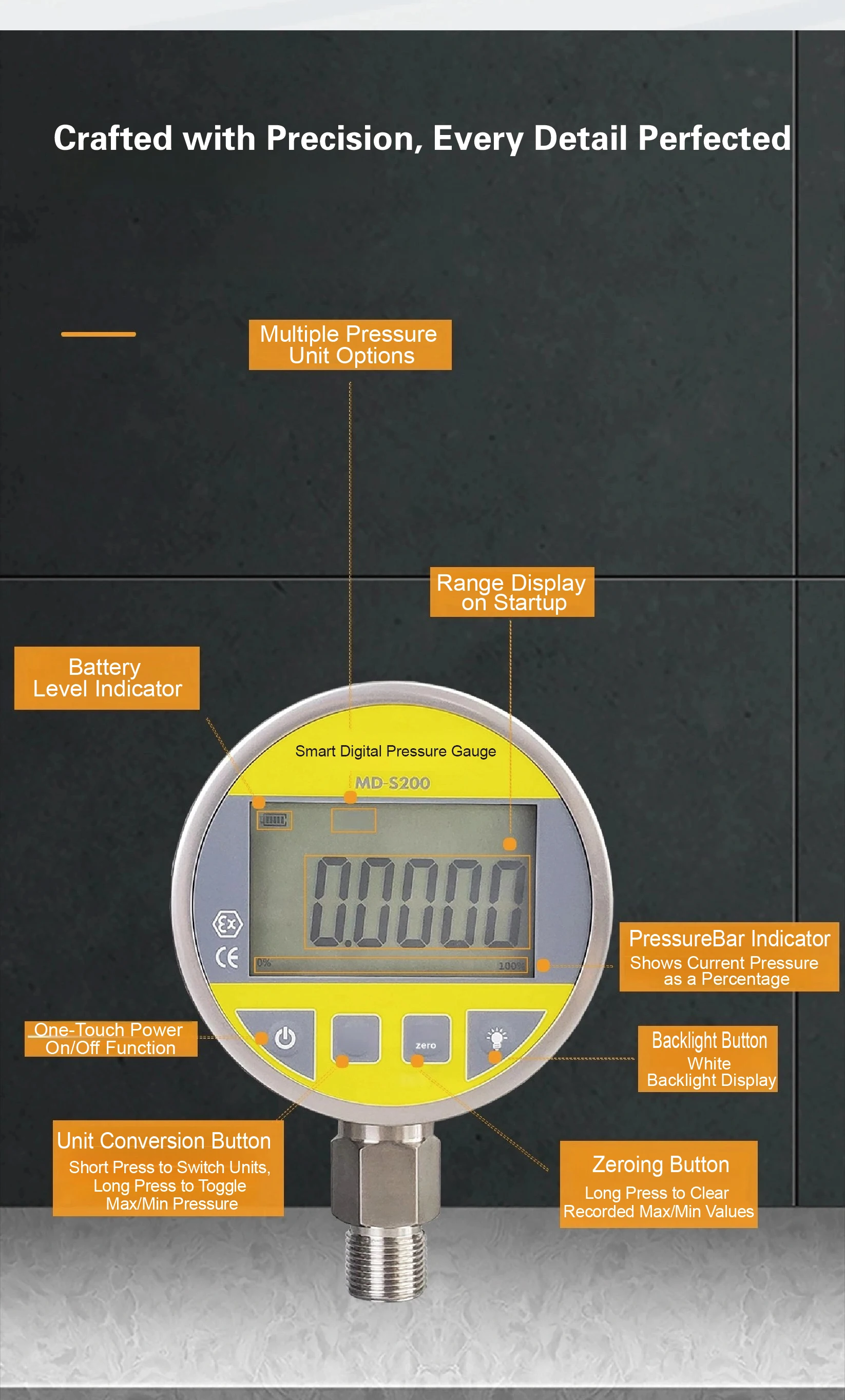 MD-S200 Digital Pressure Gauge Smart High Accuracy 304 Stainless Steel G1/4 NPT1