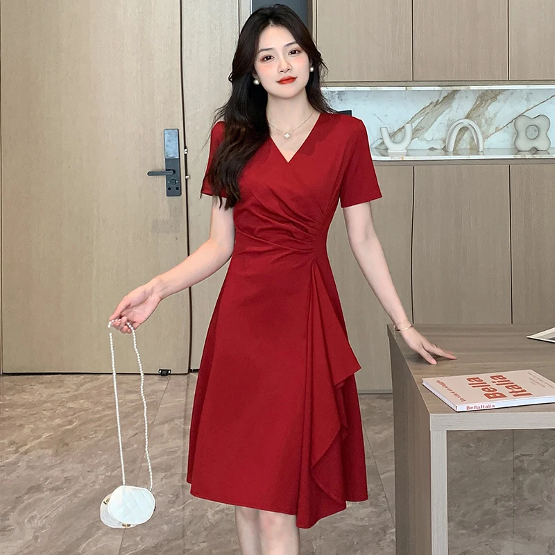 

Women's Summer V-neck Elegant Party Dresses Waist Irregular Hem Design Fashion Trends