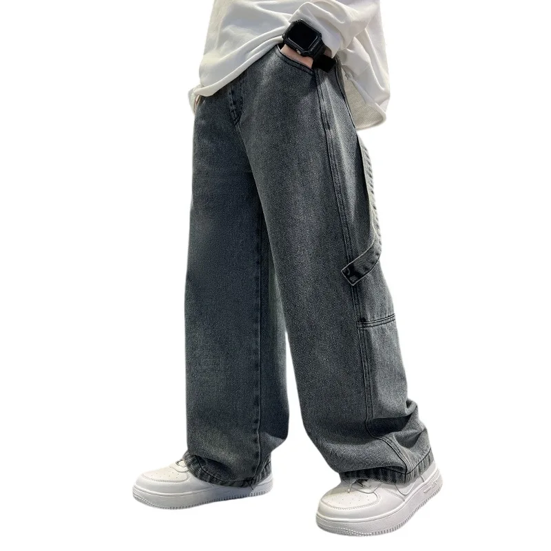 Teenage Boys Cargo Jeans Spring Autumn New Kids Wide Leg Denim Pants for Children Loose Pockets Trousers - Image 6