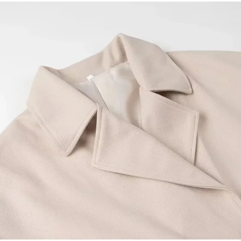 Loose Woolen Blends Coat Women Solid Lapel Double Breasted Pockets Jackets Autumn Winter Fashion Lady Office Outwear New