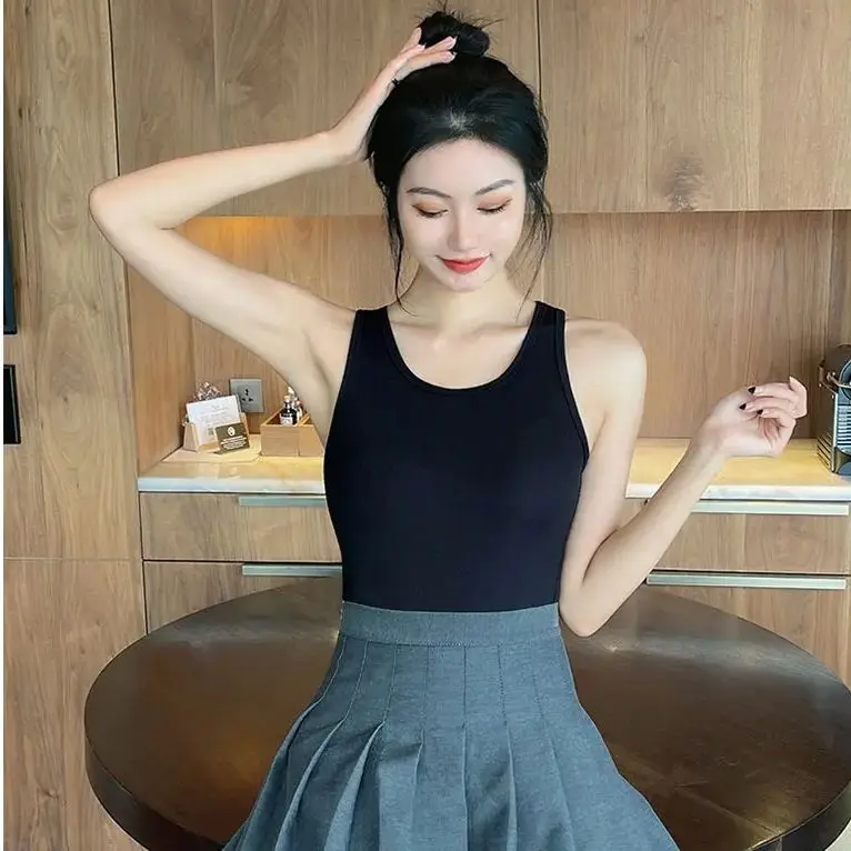 Cotton Undershirt Solid Color Camisole Women's Inner Round Neck Pullover Outer Bottom Tops Short Sports Sleeveless