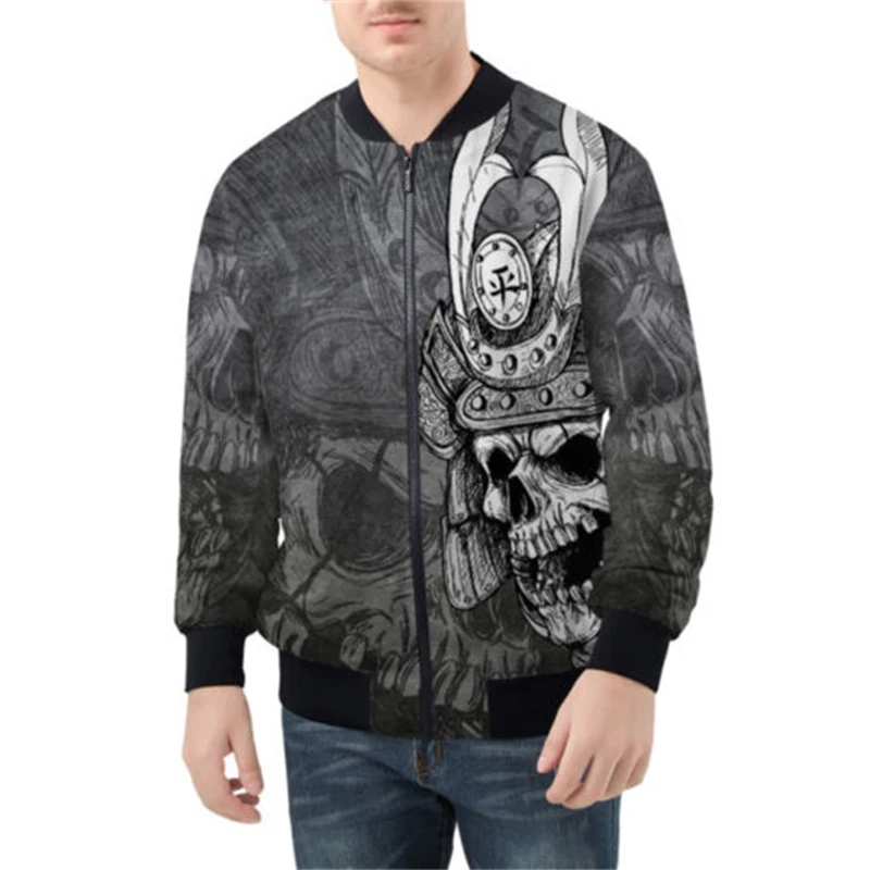 thumbnail image 1 of Chaqueta de primavera y otoño para hombre, con estampado 3D de máscara de samurái Oni y tatuaje, con cremallera por todas partes, chaquetas de bombardero para hombre, abrigos casuales unisex, ropa gen, 1 of 5