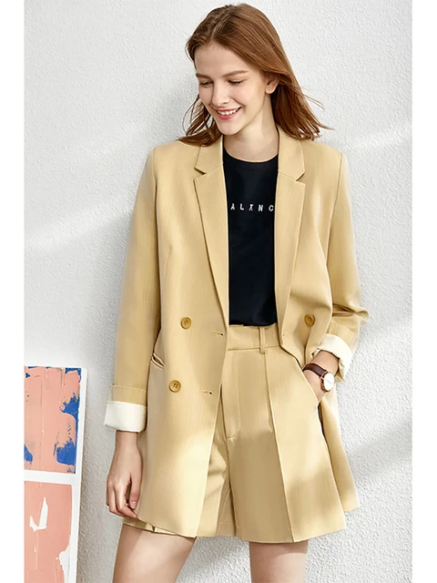 Amii Minimalism Spring Female Offical Lady Blazer Women,Lace Vneck Tanks,High Waist Women's pants Female Shorts 12060909 yellow   coat