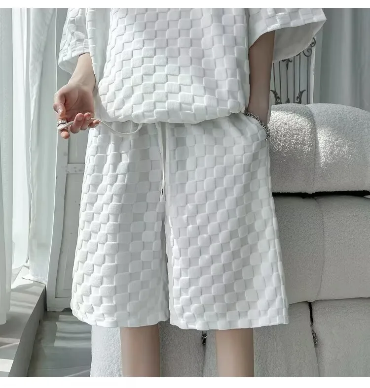 Men's High-end Summer Sets White Checkerboard T-shirts Shorts Summer Trendy Quality Casual Clothes Korea Youth Ins Hot Style 8XL