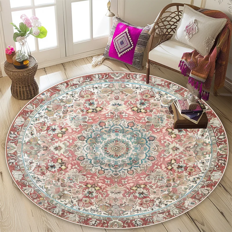 Persian Retro Style Round Carpet Living Room Bohemian Bedroom Decoration Washable Non-slip Rug Office Lounge Sofa Area Floor Mat 2