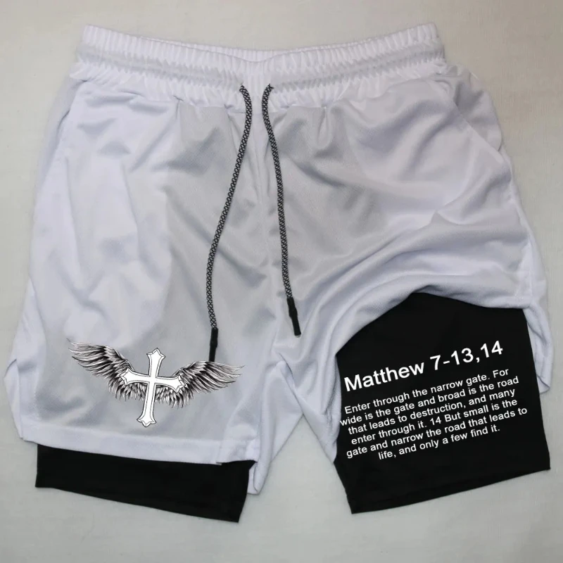 2024Men Performance Shorts Bible Printed GYM Casual Sports Compression Shorts Workout Running Mesh 2 In 1 Sport Short Pants 4