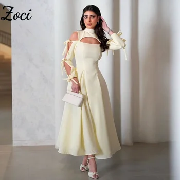 Zoci Light Yellow Formal Prom Dresses Long Cut Out Sleeves Evening Party Gown Customized Saudi Arabric Ankle Length Prom Gown