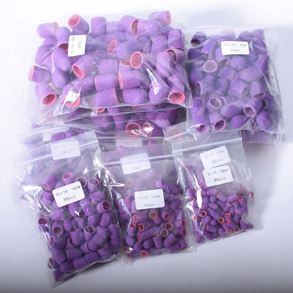 50pcs Purper 네일 드릴 페디큐어 샌딩 캡 고무 네일 샌딩 밴드 밀링 커터 회전 Burrs 제거 전기 매니큐어