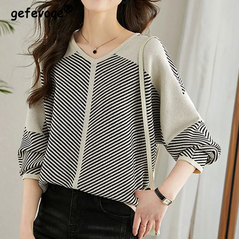 

Striped Knit Shirt for Women Spring Summer 2023 New Fashionable and Loose Fitting Pullover Versatile Long Sleeved Bottom Top