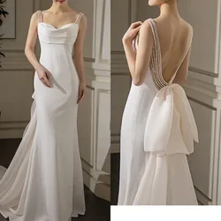 Elegant Pearls Satin Mermaid Wedding Dress Women 2023 Spaghetti Strap Sexy Backless Boho Bridal Gown Robe De Mariée Vestido