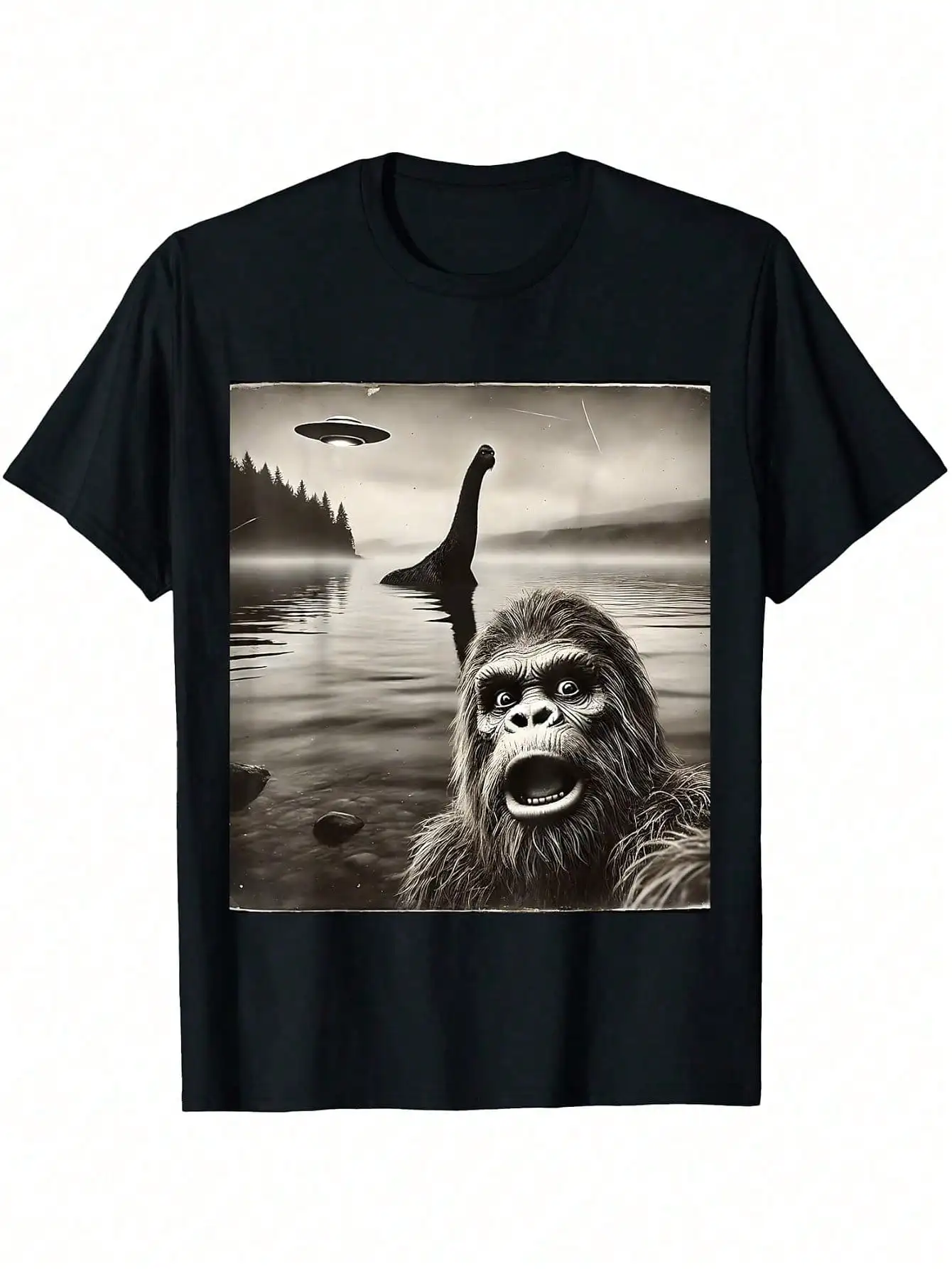 Big-Foot Selfie With Loch Ness Monster And UFO Aliens Graphic T-Shirt Detail View