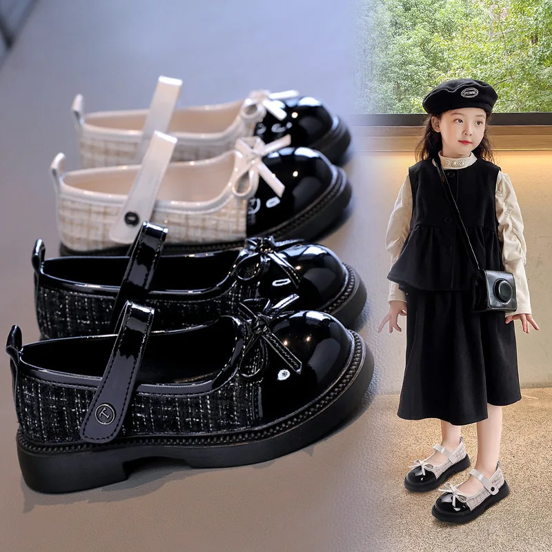 Girls Leather Shoes Fashion Bowknot Non-lip Soft Sole Autumn Plaid PU Leather Outdoor Kids Casual Shoes Children Flats