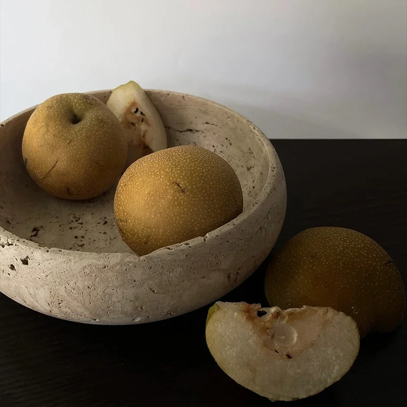 D21x6cm Wabi-Sabi Style Natural Marble Travertine Stone Decorative Tray Handmade Retro Pet Bowl for Home Decor 3
