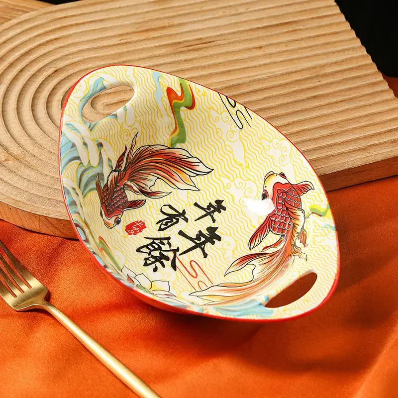 Chinese Style Bowl Ceramic Dumpling Plate Creative Underglaze Colored Fish Ceramic Household Tableware Rice Bowl Double Ear Plat